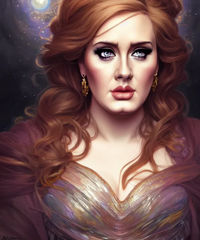 Prompt: Adele as a fantasy magic woman portrait, sci-fi, amber eyes, face, long hair, fantasy, intricate, elegant, highly detailed, digital painting, artstation, concept art, smooth, sharp focus, illustration, art by artgerm and greg rutkowski and alphonse mucha