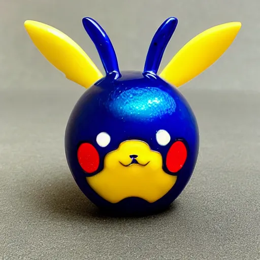 Prompt: a zoomed out studio product shot of a rounded carved smooth cherry wood and resin pikachu in profile, like a catalog photograph, where distinct sections of the carving are blue resin, but is mostly wood, with a smooth featureless minimalist short wooden nose with no nostrils, and a round minimalist behind