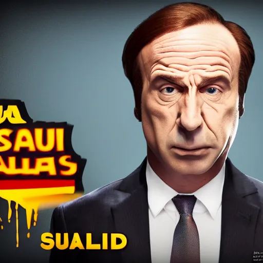 Image similar to saul goodman, stretched face, wide, cgi, render