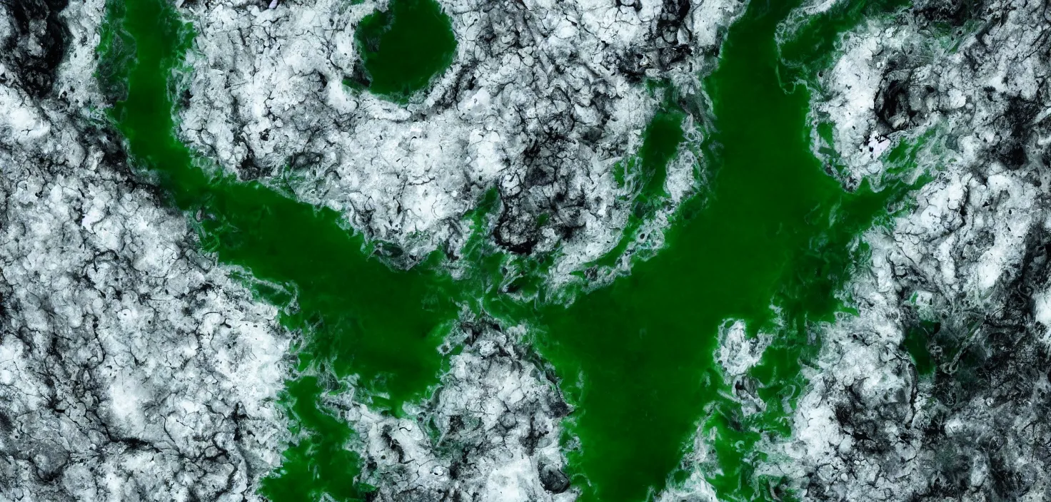 Prompt: satellite image of apocalyptic desert planet, oceans covered in mysterious black gooey liquid slime, rare green