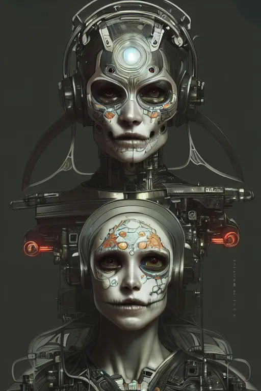 Image similar to ultra detailed Female Android, scifi, manga, octane render, (dia de los muertos), asymmetrical, intricate concept art, art by Godmachine and michael welan and DZO and greg rutkowski and alphonse mucha and loish and WLOP