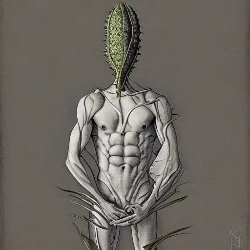 Prompt: Ripped Physique Portrait of a Venus Flytrap Guy wearing a Venus Flytrap costume plant disguised as a human standing atop a red clay pot greg rutkowski jen bartel peter mohrbacher anna podedworna arthur rackham salvador dali octavio ocampo jacek yerka winslow homer norman rockwell inio asano prismacolor tombow quill