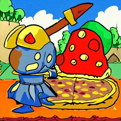 Prompt: shovel knight!!!!!! at his birthday party with pepperoni!! pizza by alessandro allori