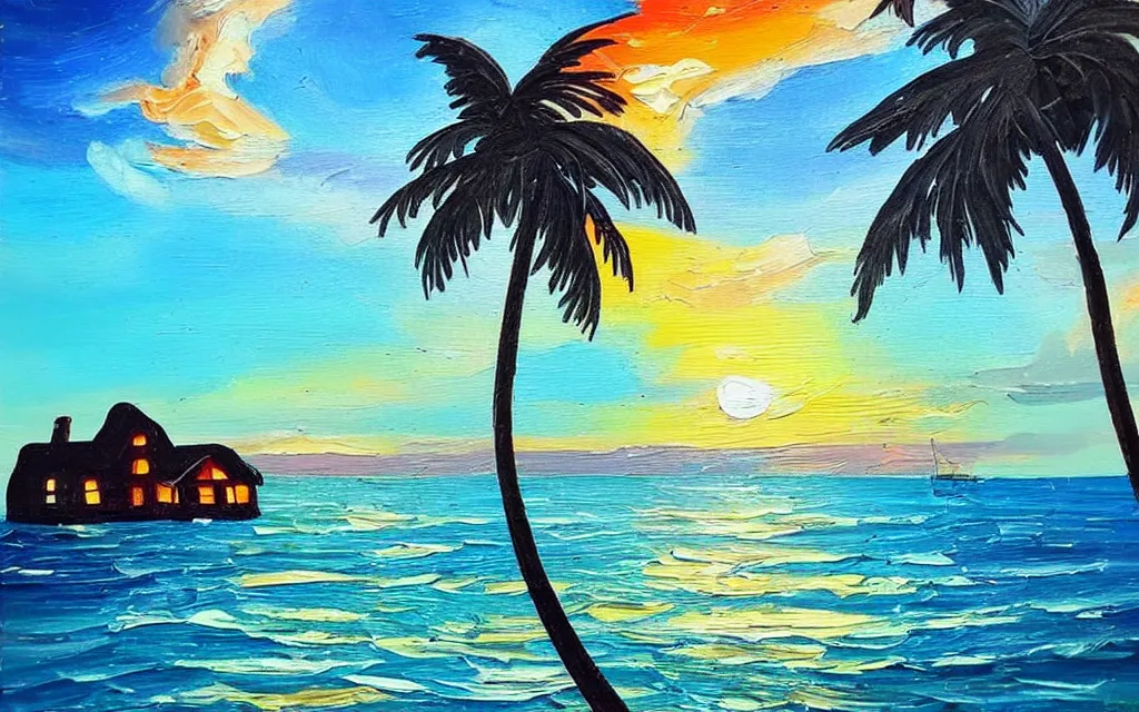 Prompt: in a big sea is a small island! with a cute cozy cottage!! on it and a patio!! with chairs and string lights, palm trees, sunset, puffy clouds, dramatic and dynamic lighting, thick brush strokes oil impasto painting