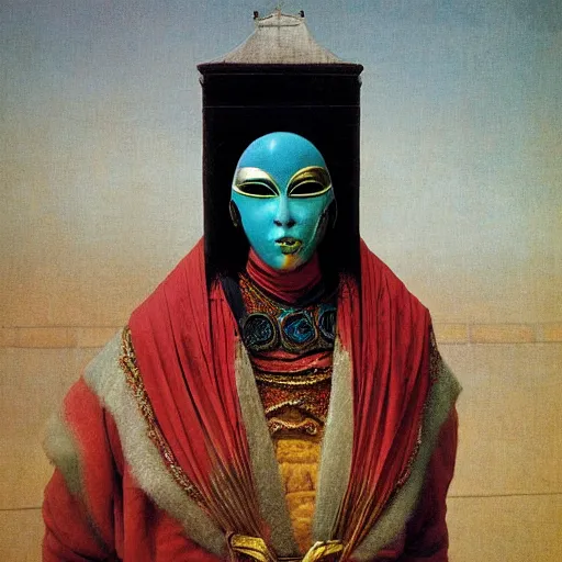 Image similar to portrait of masked Byzantine Tang Dynasty dancer on the art deco streets of the Undying Empire city of ya-Sattra during the Festival of Masks, award-winning realistic sci-fi concept art by Beksinski, Bruegel, Greg Rutkowski, Alphonse Mucha, and Yoshitaka Amano