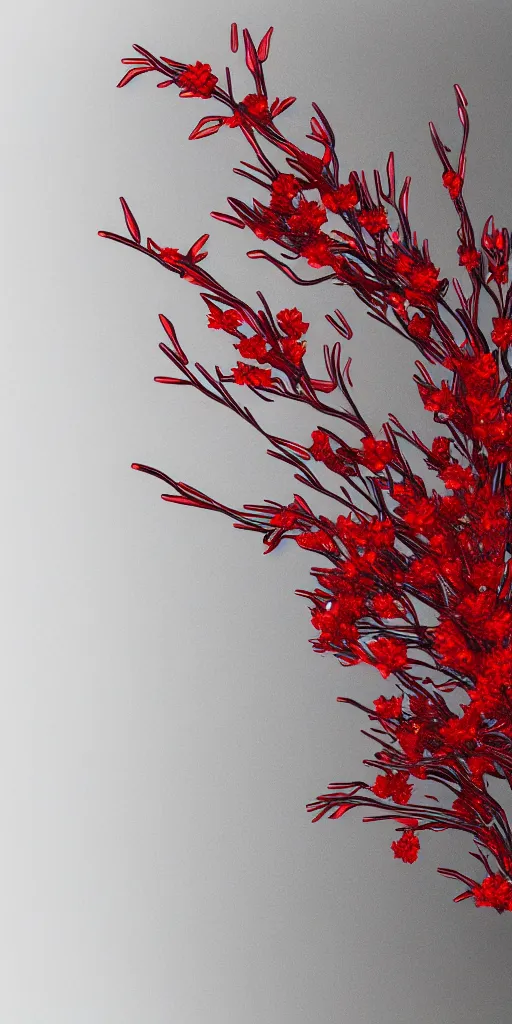 Prompt: 3 d photographic render of an ancient sculpture with red sakura flowers made of chrome, chrometype, made of liquid metal, neotribal with metallic thorns and thunders, raytracing, hyper realistic, volumetric lightning, 8 k, by zhelong xu and ouchh studio