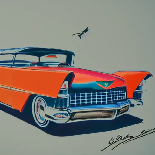 Image similar to a color pencil product design drawing of a 5 0 s flying cadillac car model with wings