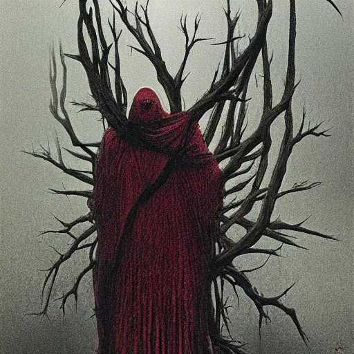 Image similar to mother, wrapped in thorns, in a desolate, charred desert, high contrast, dark red, HDR, painted by zdzislaw beksinski