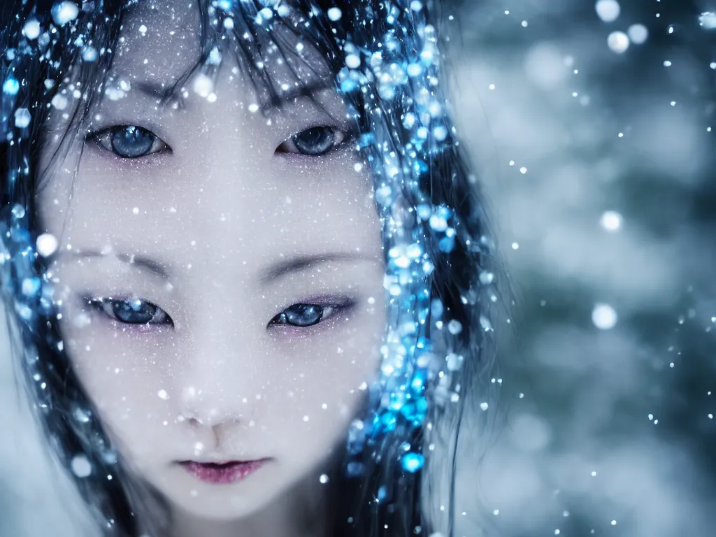 Image similar to the piercing blue eyed stare of yuki onna reaching out to you, freezing blue skin glinting and glittering, blizzard in the mountains, bokeh, captured on canon eos r 6, asymmetric, rule of thirds