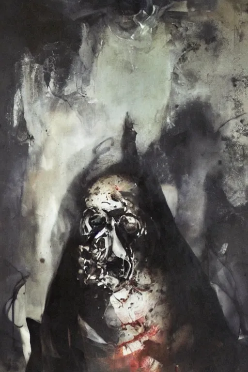 Image similar to menacing portrait of medici emerging from the dark void, figure in the darkness, painted by John Singer Sargant, Adrian Ghenie, Francis Bacon,