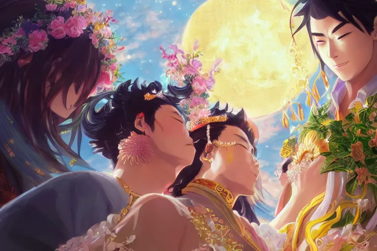 Image similar to close up moment of a divine a japan sun god and a moon goddess lovers magician at a wedding banquet, highly detailed, genshin, fantasy, 4 k realistic, digital painting, trending on artstation, concept art, sharp focus, illustration, art by makoto shinkai and akihiko yoshida and daniel gerhartz