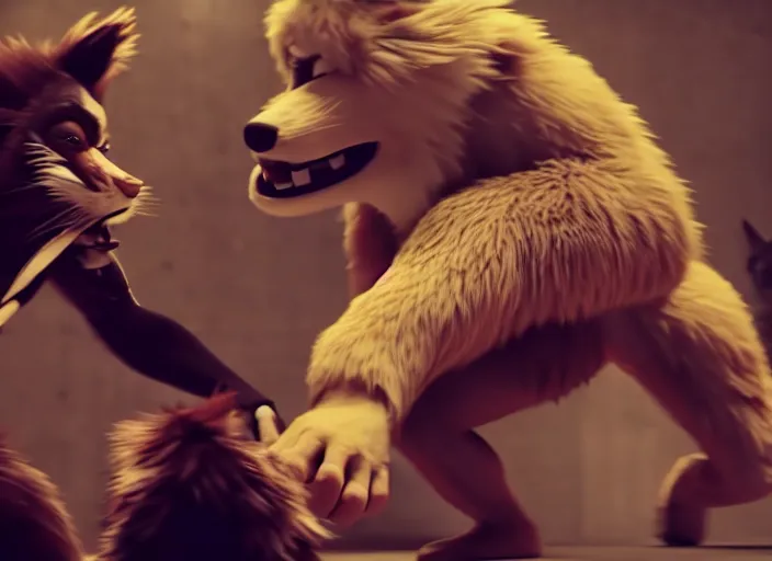 Image similar to nicolas cage beating up furry cosplayers, 8 k, octane render, choreographed fight scene, composition,