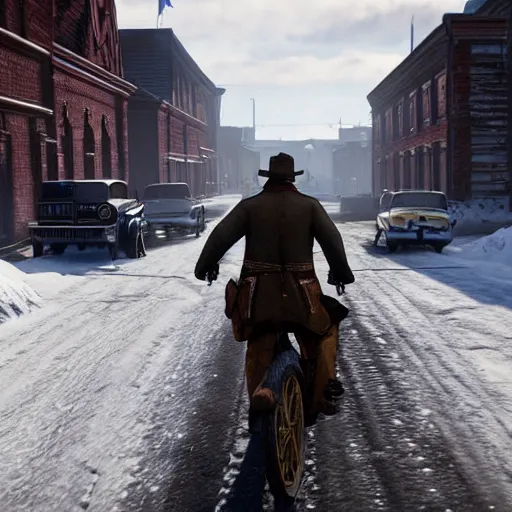 Prompt: arthur from rdr 2 high detailed face driving bike background russia in future at russia, tolyatti sportivnaia street 7, cars, snow, buildings photorealism