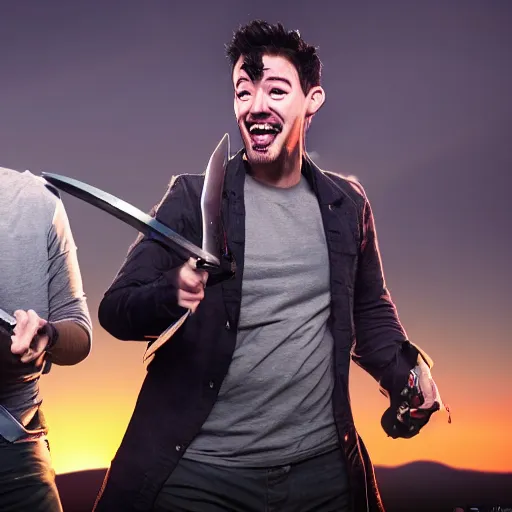 Prompt: Markiplier and Jacksepticeye fights each other with swords during a sunset, cinematic lighting, photorealistic,