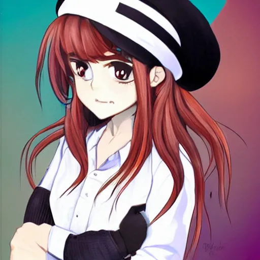 Prompt: Rindou Radical Dream art; girl with short brown hairm, wearing a beret; white shirt ; Rindou Radical Dream art