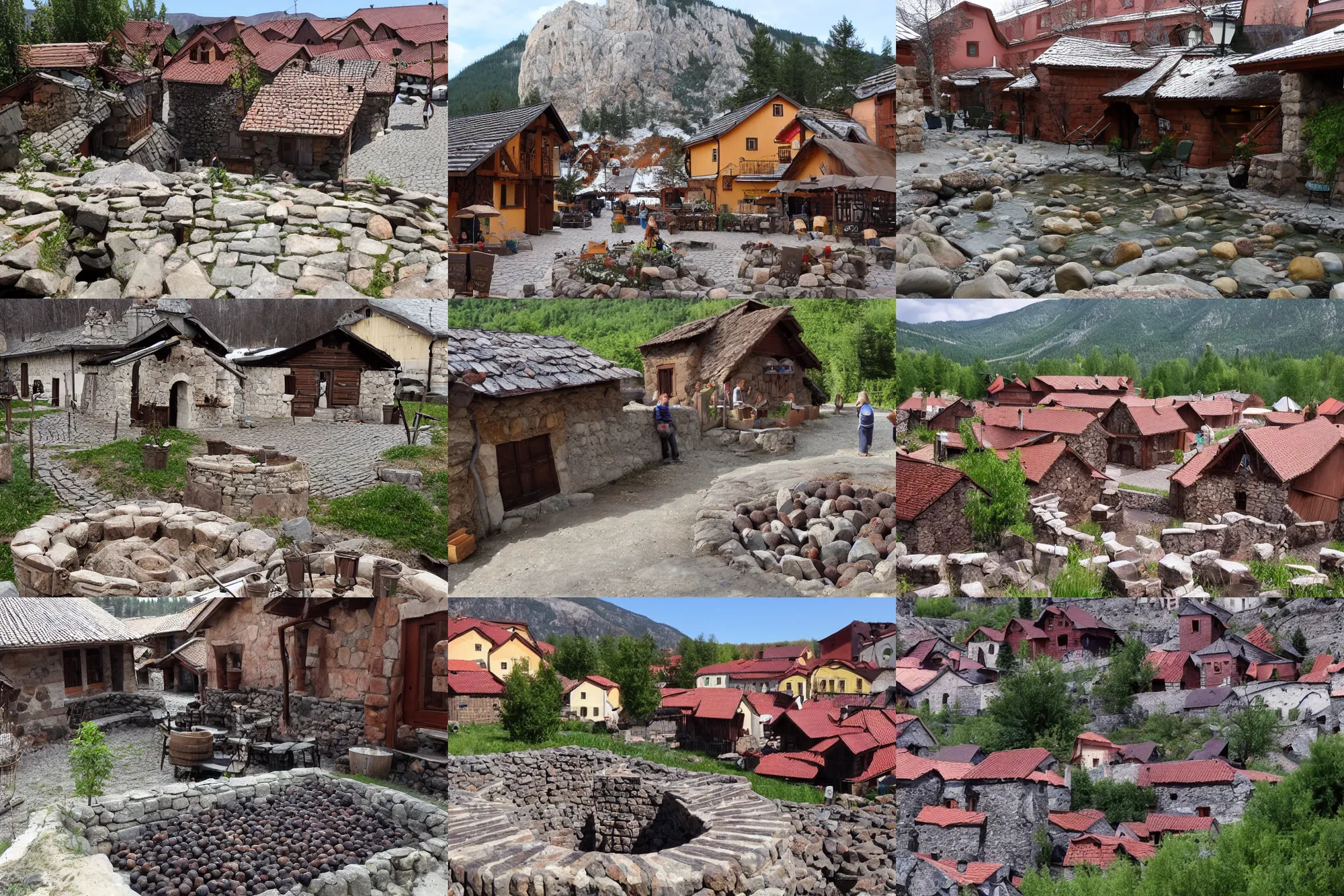 Prompt: russian stone village well filled with liquid chocolate