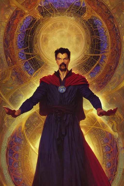 Image similar to Epic Dr. strange lit by dark evil magic portal, amazing colour harmony and variation, simple background, by Donato Giancola, William Bouguereau, John Williams Waterhouse and Alphonse Mucha