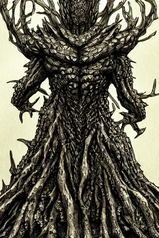 Image similar to armoured tree human figure monster, symmetrical, highly detailed, digital art, tree armour, sharp focus, trending on art station, kentaro miura manga art style