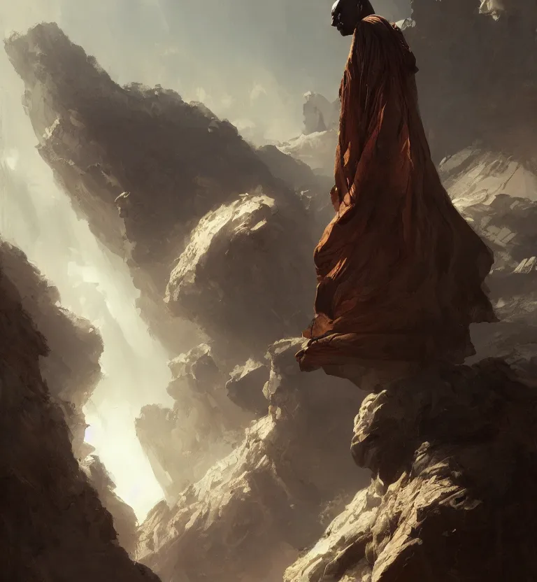 Prompt: painting of a bald tall dark - skinned man wearing a flowing robe overlooking the earth, nature, eyes closed, greg rutkowski, ruan jia, trending on artstation, detailed digital art