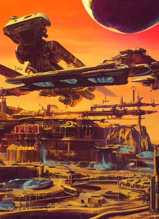 Prompt: painting used for a pulp science fiction novel from the 50s inspired by ilm, beeple, star citizen halo, mass effect, starship troopers, elysium, iron smelting pits, high tech industrial, cool saturated colours
