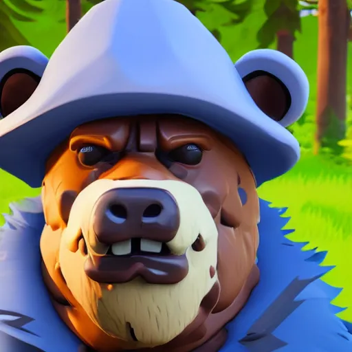 Image similar to a man wearing a bear hat as a fortnite character, screenshot from fortnite, 3 d unreal engine render