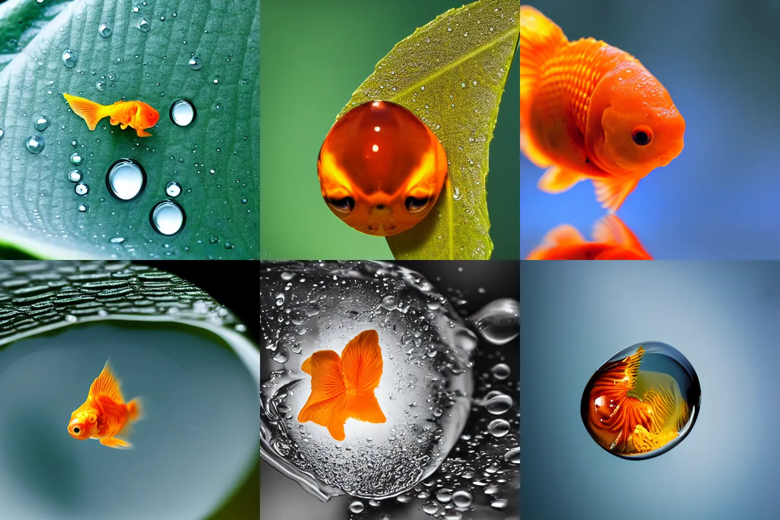 Prompt: extreme macro photography : ( subject = a single water droplet of water on a leaf + subject detail = goldfish encased inside of a water droplet ), zeiss macro lens f / 1 1 aperture