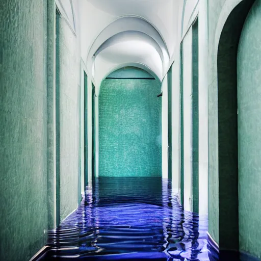 Image similar to a room flooded with blue green water, curved hallway, white ceramic tiles, dark, surreal, liminal,
