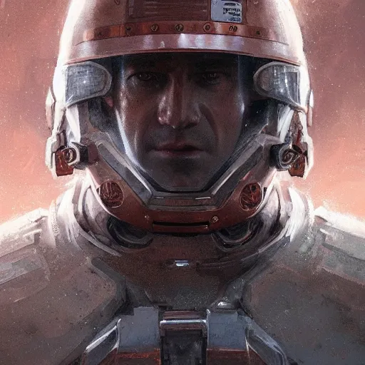 Image similar to Portrait of a man by Greg Rutkowski, he is about 40 years old, short copper hair, attractive, military composure, younger brother vibes, expression of sorrow and disbelief, he is wearing futuristic space tactical suit, highly detailed portrait, digital painting, artstation, concept art, smooth, sharp foccus ilustration, Artstation HQ.