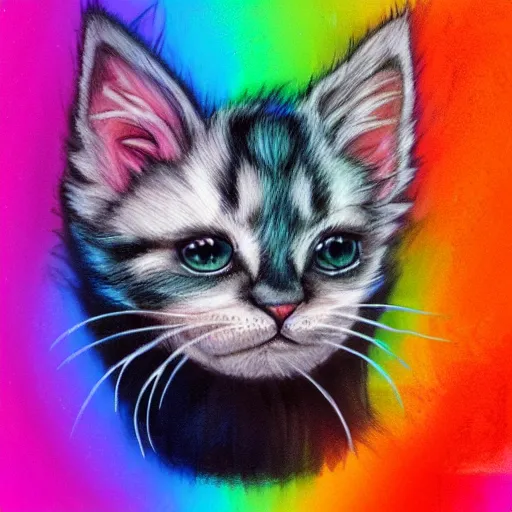 Image similar to wide angle full body, of a fluffy cute rainbow kitten wearing a black leather motorcycle jacket, concept art