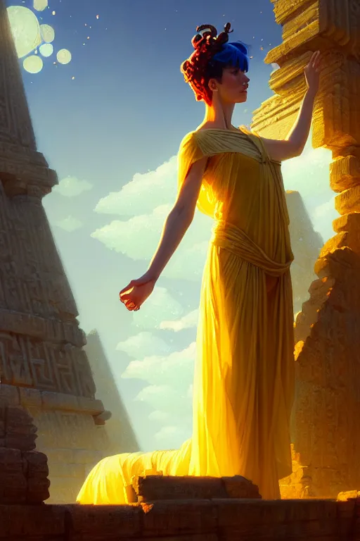 Prompt: high detail portrait, transparent crystal woman wearing ancient greek yellow paper tunic, hands in air, stephen bliss, fantasy art by greg rutkowski, rhads, ferdinand knab, makoto shinkai and lois van baarle, ilya kuvshinov, rossdraws, tom bagshaw, global illumination, radiant light, ancient greek temple ruins, red and blue color theme