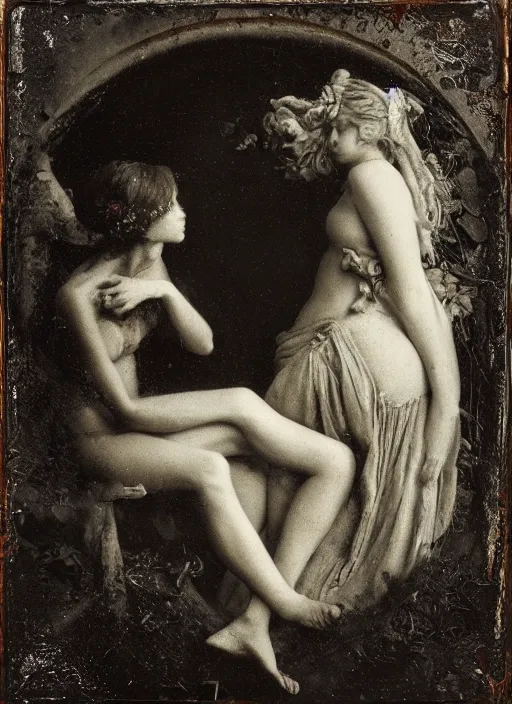 Image similar to old wetplate daguerreotype birth of venus in times of cholera, fractal, intricate, elegant, highly detailed, parallax, leica, medium format, subsurface scattering, by jheronimus bosch and greg rutkowski and louis jacques mande daguerre