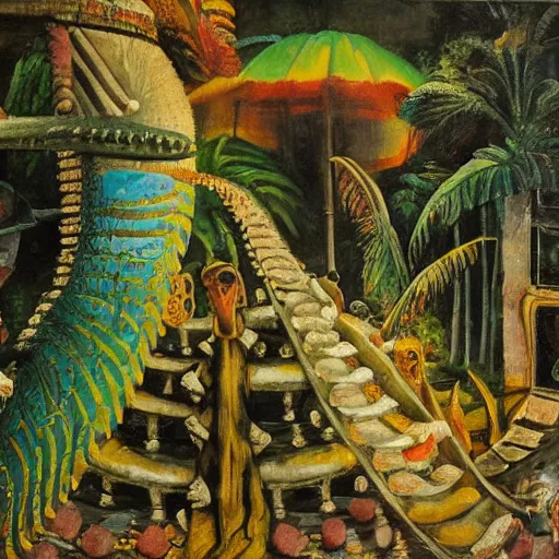 Image similar to high quality, high detail painting, dutch masterpiece, fluxus, film noir, william s burroughs, empty scene in las pozas with quetzalcoatl at night, hd, muted lighting