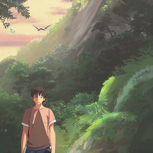 Prompt: friendly guy with big wild animal , with Fragile looking character portrait face made in Studio Ghibli artstyle ,highly detailed art, beautiful scene, sharp focus, smooth, 8k, anime art, fantasy, style in ghibli anime style, fantasy, island,8k