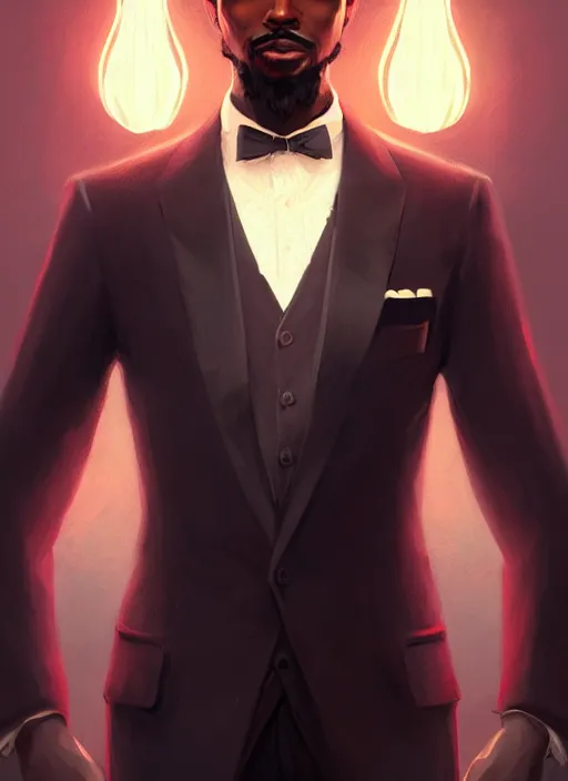 Image similar to portrait of handsome black genius in tailored suit, world map background, clean cut with goatee, intricate baroque thoughts, elegant atmosphere, glowing lights, highly detailed, digital painting, artstation, concept art, smooth, sharp focus, illustration, art by wlop, mars ravelo and greg rutkowski