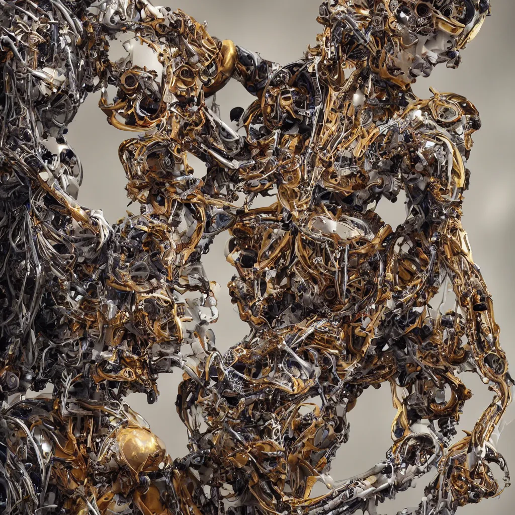 Image similar to a beautiful biomechanical robot woman, with artificial nerves and bones, machines buidling machines using machines, golden hour, photography, portrait, dslr, closeup - view, angelic, soft lighting, insanely detailed and intricate, hypermaximalist, elegant, ornate, hyper realistic, super detailed