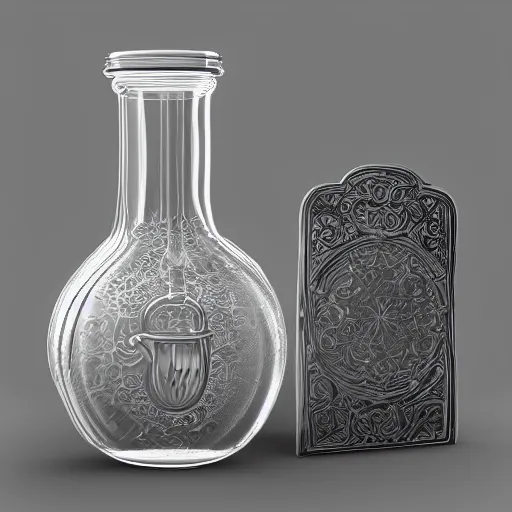 Image similar to transparent ancient magical potion flask engraved stallion, raytracing, caustics, orthographic 3d rendering