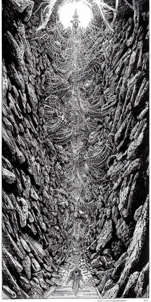 Image similar to hells gates by philippe druillet and gustave dore and much a and moebius