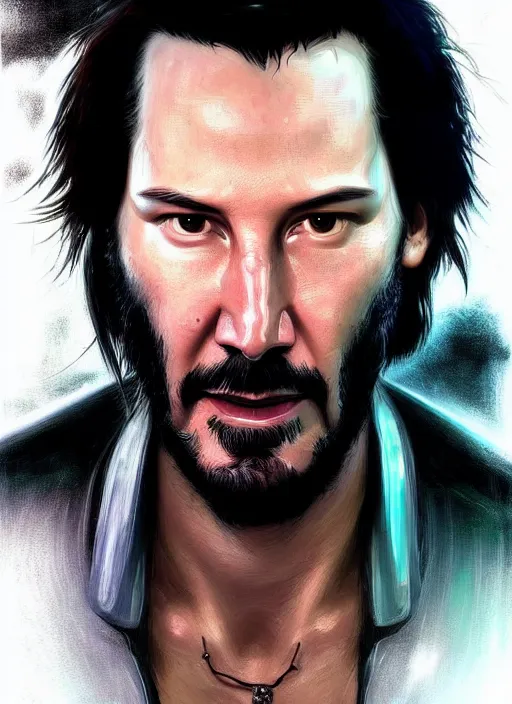 Prompt: portrait of Keanu Reeves as a character in Cyberpunk 2077, looking at camera, intricate, elegant, sci-fi, extremely detailed, digital painting, artstation, concept art, smooth, sharp focus, illustration, ambient lighting, incredible art by artgerm and greg rutkowski and alphonse mucha and simon stalenhag