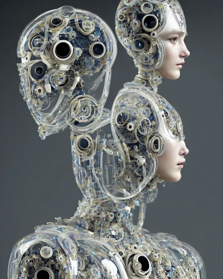 Image similar to beautiful cybernetic baroque robot, beautiful baroque porcelain face + body is clear plastic, inside organic robotic tubes and parts, symmetric, front facing, wearing translucent baroque rain - jacket + symmetrical composition + intricate details, hyperrealism, wet, reflections + by alfonse mucha and moebius, no blur dof bokeh