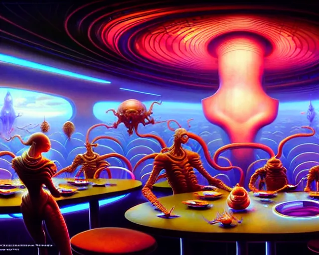 Image similar to a futuristic mcdonalds restaurant, fantasy landscape made of fractals facing each other, ultra realistic, wide angle, intricate details, the fifth element artifacts, highly detailed by peter mohrbacher, hajime sorayama, wayne barlowe, boris vallejo, aaron horkey, gaston bussiere, craig mullins