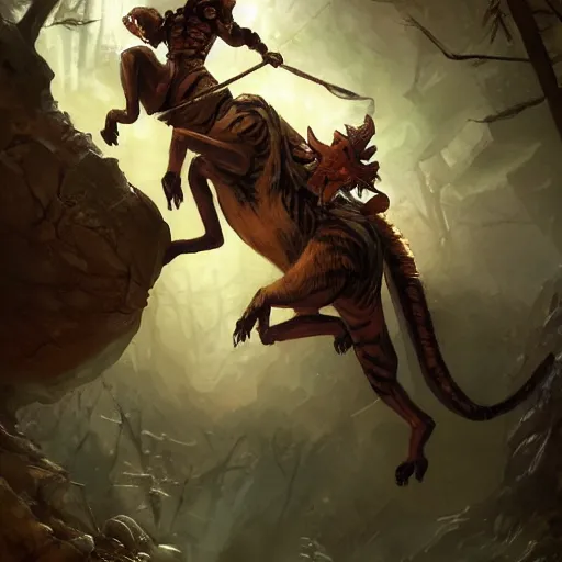 Image similar to Squirrel knight riding tiger, magic the gathering artwork, horror, D&D, fantasy, cinematic lighting, centered, symmetrical, highly detailed, digital painting, artstation, concept art, smooth, sharp focus, illustration, volumetric lighting, epic Composition, 8k, art by Akihiko Yoshida and Greg Rutkowski and Craig Mullins, oil painting, cgsociety