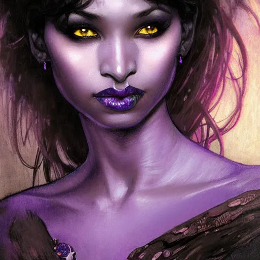 Prompt: half length portrait of a beautiful female drow elf warlock, black skin, violet magic, royo, klimt, miro, vallejo, frazetta, alphonse mucha, greg rutkowski, whealan