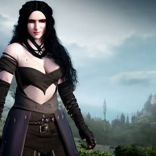Image similar to yennefer as a medieval fantasy tolkien elf, dark purplish hair tucked behind ears, wearing leather with a fur lined collar, wide, muscular build, scar across the nose, cinematic, character art, real life, 8 k, detailed.