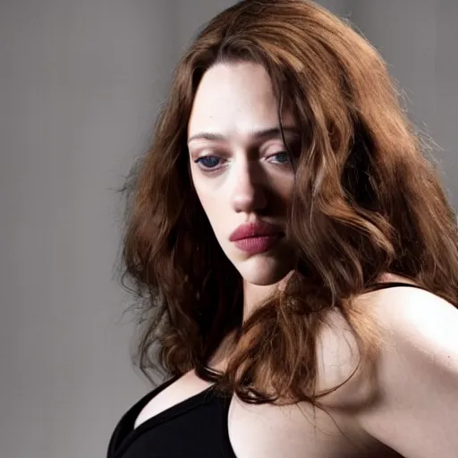 Image similar to a woman who is a genetic combination of kat dennings and scarlett johansson face and upper - body focus