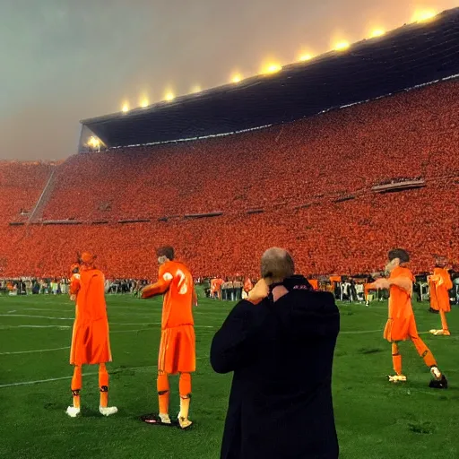 Prompt: A stoic football manager directing his team on the sideline of a giant gothic stadium, apocalyptic orange sky, flares in the stands