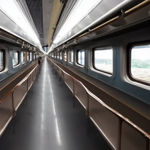 Image similar to looking down the interior of an infinitely long train from the inside of a carriage