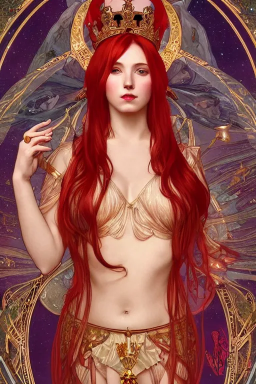 Image similar to a full body tarot card of the red haired curvy empress of eternity, space, universe, portrait, highly detailed, deep focus, elegant, digital painting, smooth, sharp focus, illustration, ultra realistic, 8 k, art by artgerm and alphonse mucha