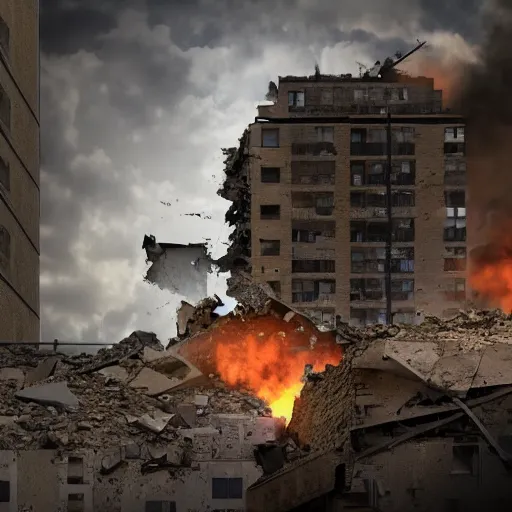 Image similar to a tank crashing through the walls of an apartment building, 4 k, high detail, high - resolution photograph, professional photography, ultra - detail