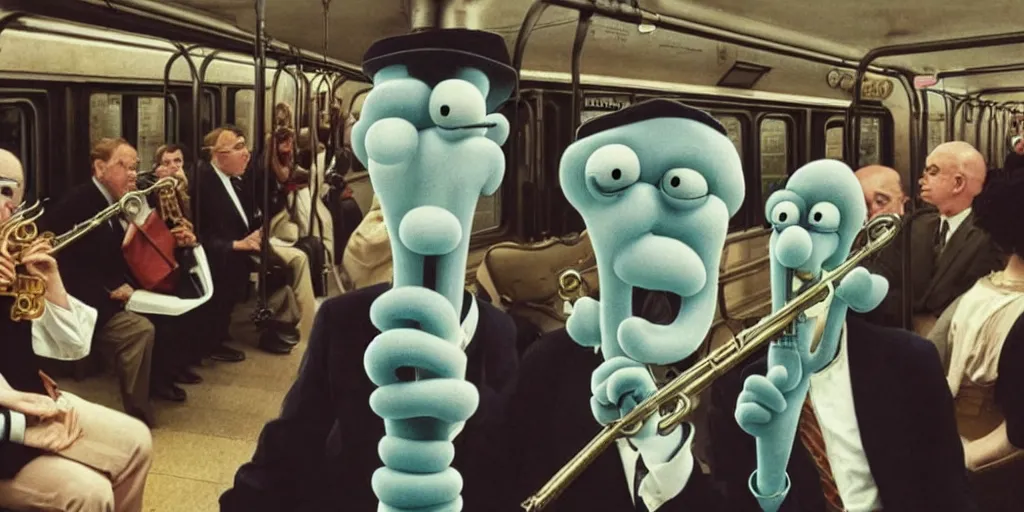 Prompt: squidward playing the clarinet on the new york subway, surrealism aesthetic, detailed facial expressions