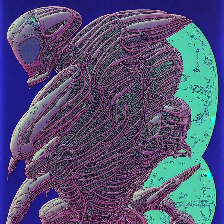 Image similar to ( ( ( ( alien ) ) ) ) by mœbius!!!!!!!!!!!!!!!!!!!!!!!!!!!, overdetailed art, colorful, artistic record jacket design